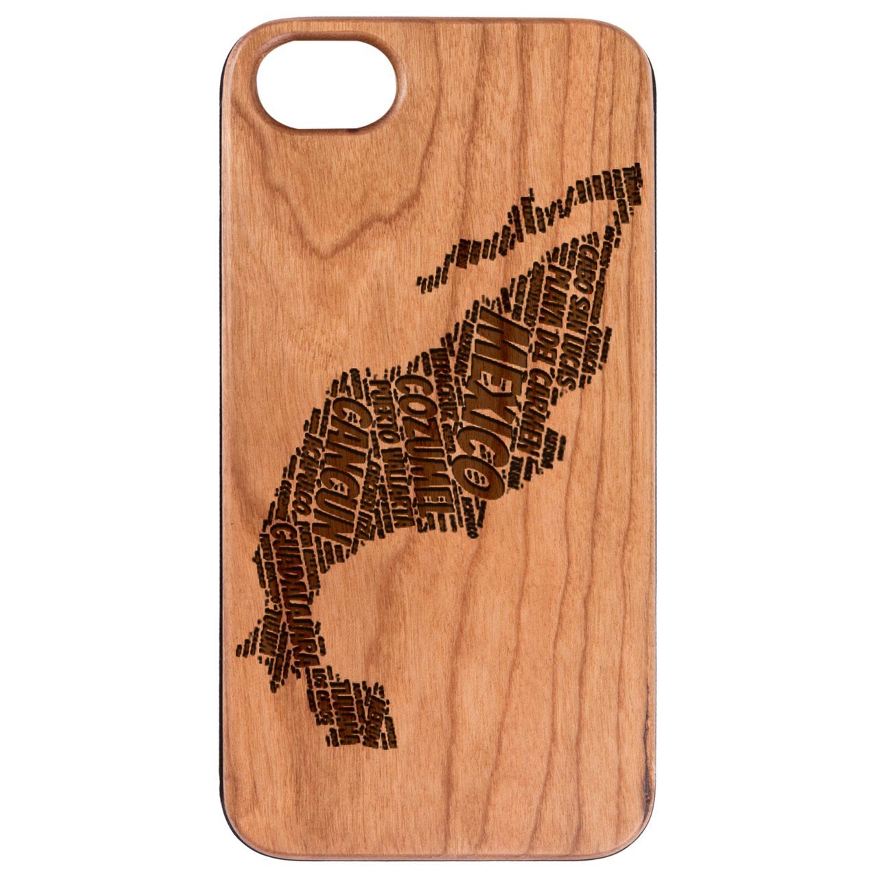 Mexico Word Cloud - Engraved wooden phone case showcasing intricate design and natural wood finish.